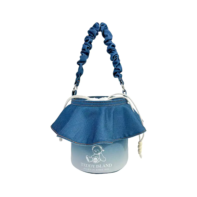 Sac à main seau décontracté en denim bleu dégradé à volants Teddy